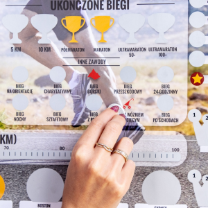 Zbliżenie na sekcję Ukończone Biegi, kobieta zdrapuje pole Bieg z wózkiem dziecięcym