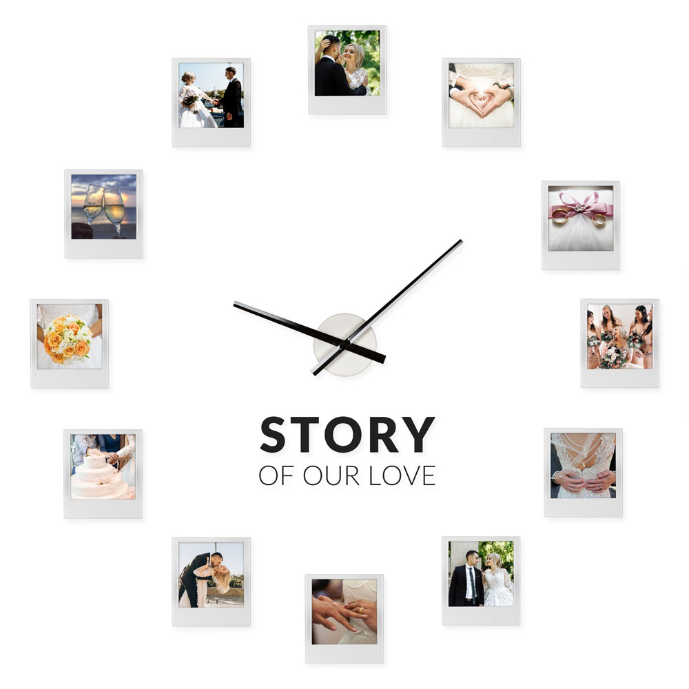 Zegar z ramkami na zdjęcia ze zdjęciami ze ślubu, 12 ramek na zdjęcia zamiast godzin
