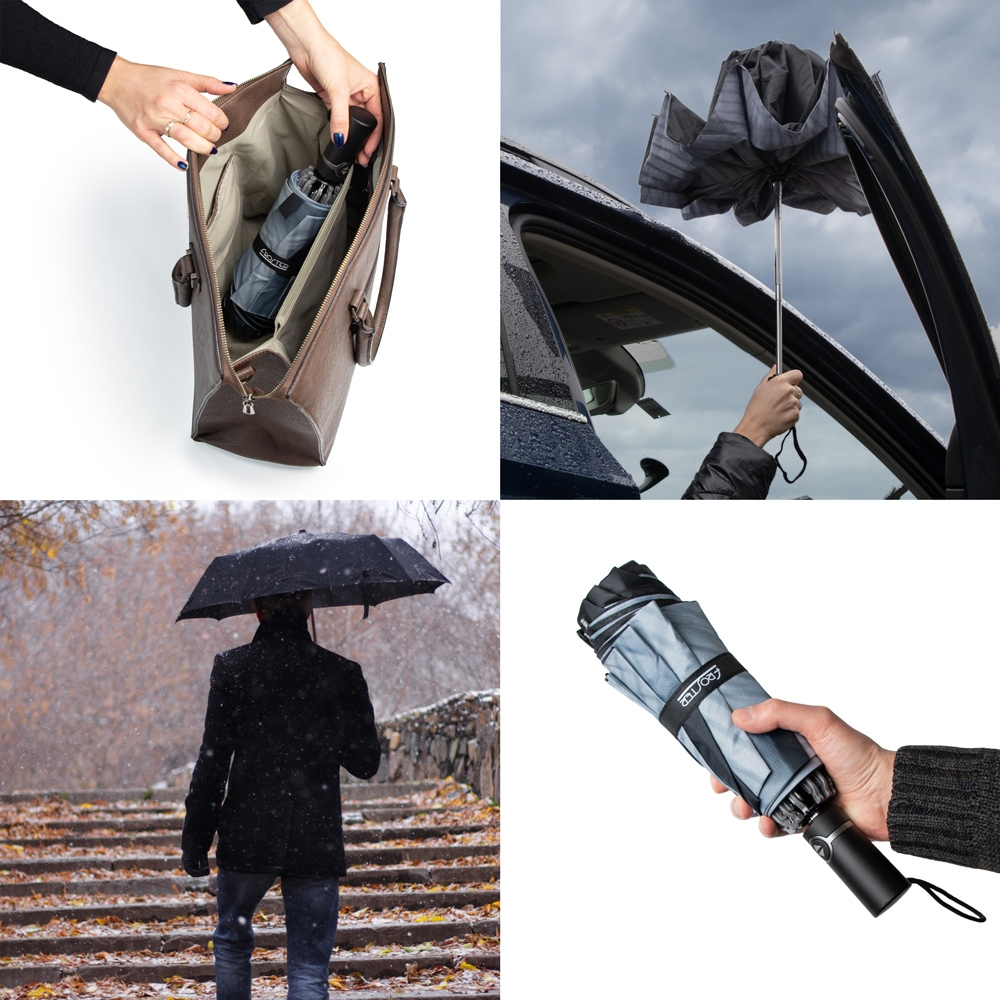 Grafika pokazuje 4 zdjęcia: składany parasol w torebce, kobieta bez problemu wsiada do samochodu, mężczyzna spaceruje z parasolem, złożony parasol w męskiej dłoni.