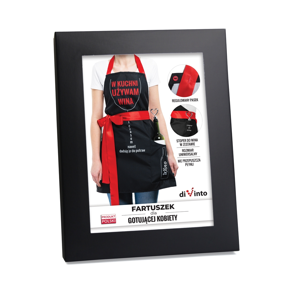 Eleganckie czarne pudełko prezentowe - opakowanie fartuszka dla gotującej kobiety.