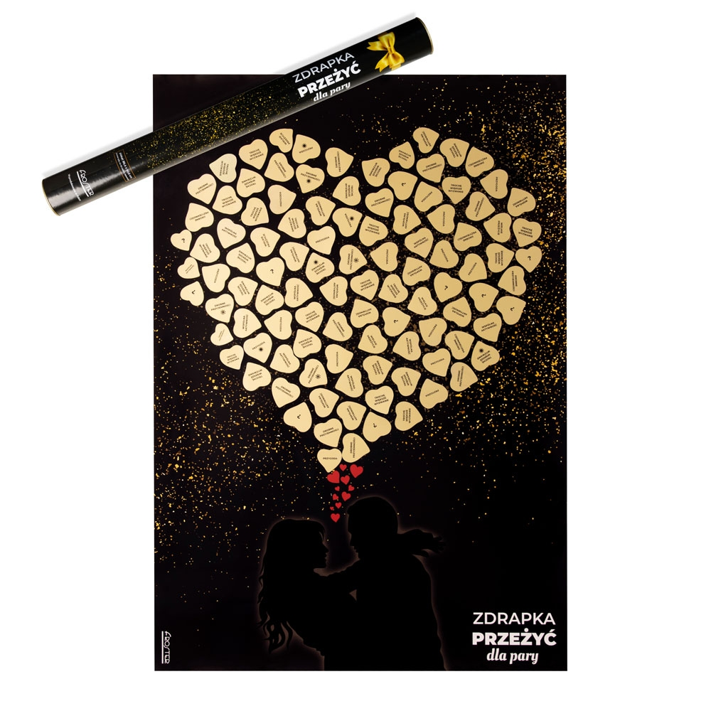 Plakat Zdrapka Przeżyć dla Pary i tuba prezentowa z żółtą kokardą