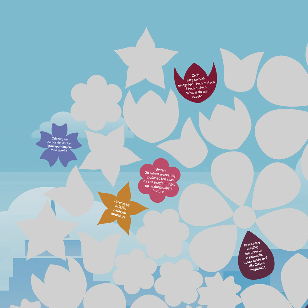 Fragment zdrapki ukazujący pięć odsłoniętych zadań umieszczonych na kolorowych kwiatach.