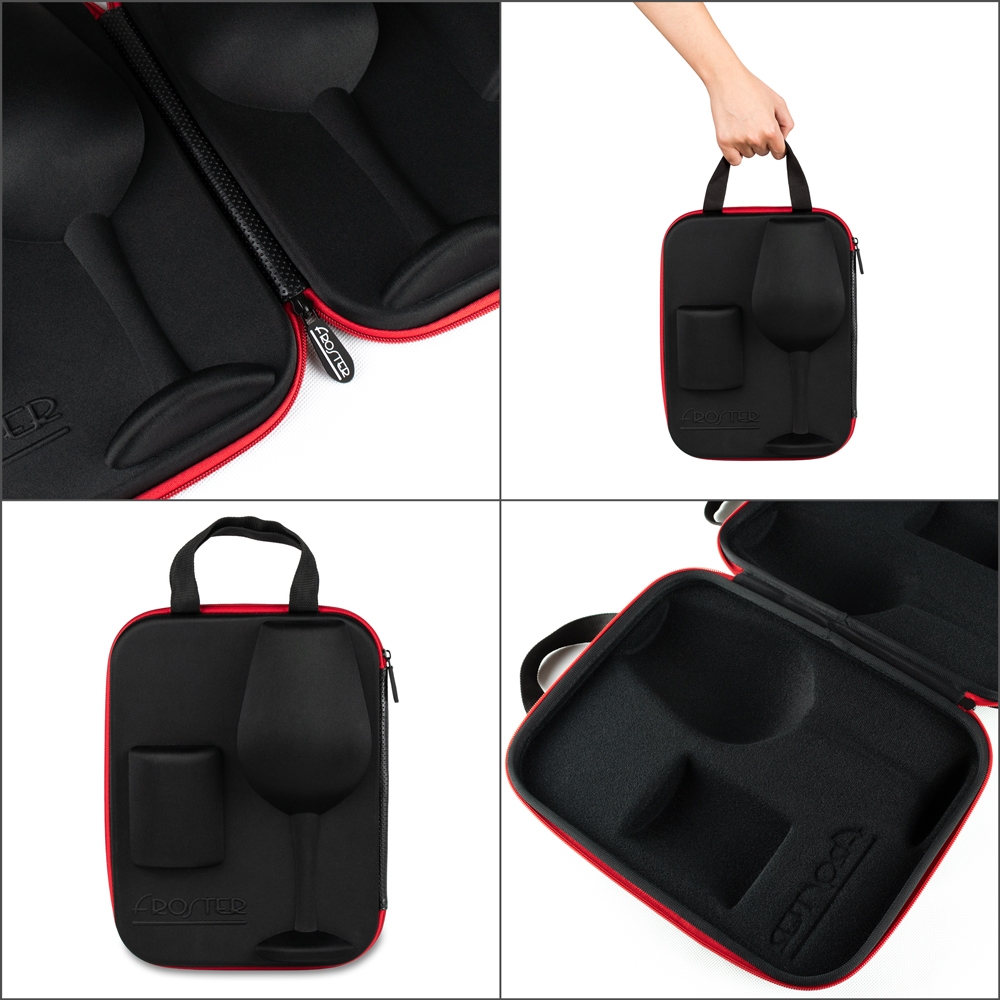 Mozaika z 4 zdjęć prezentujących eleganckie etui, w którym można przenieść szklankę do whisky i gigantyczny kieliszek do wina.