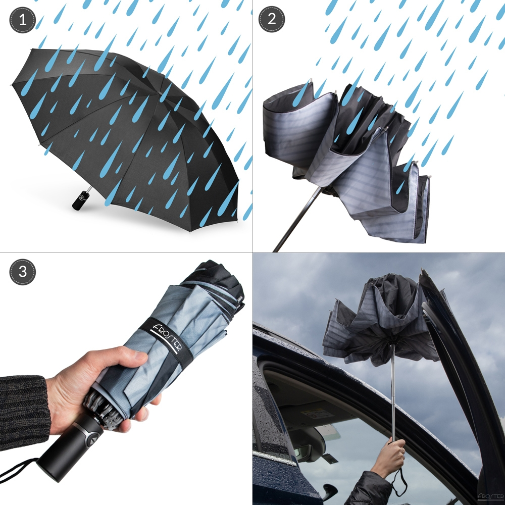 Grafika pokazuje 4 obrazki, wyjaśniające system odwrotnego składania. 1. Parasolka, na którą pada deszcz. 2. Parasolka jest w połowie złożona. 3. Sucha parasolka w męskiej dłoni. 4. Kobieta bez problemu wsiada do samochodu.