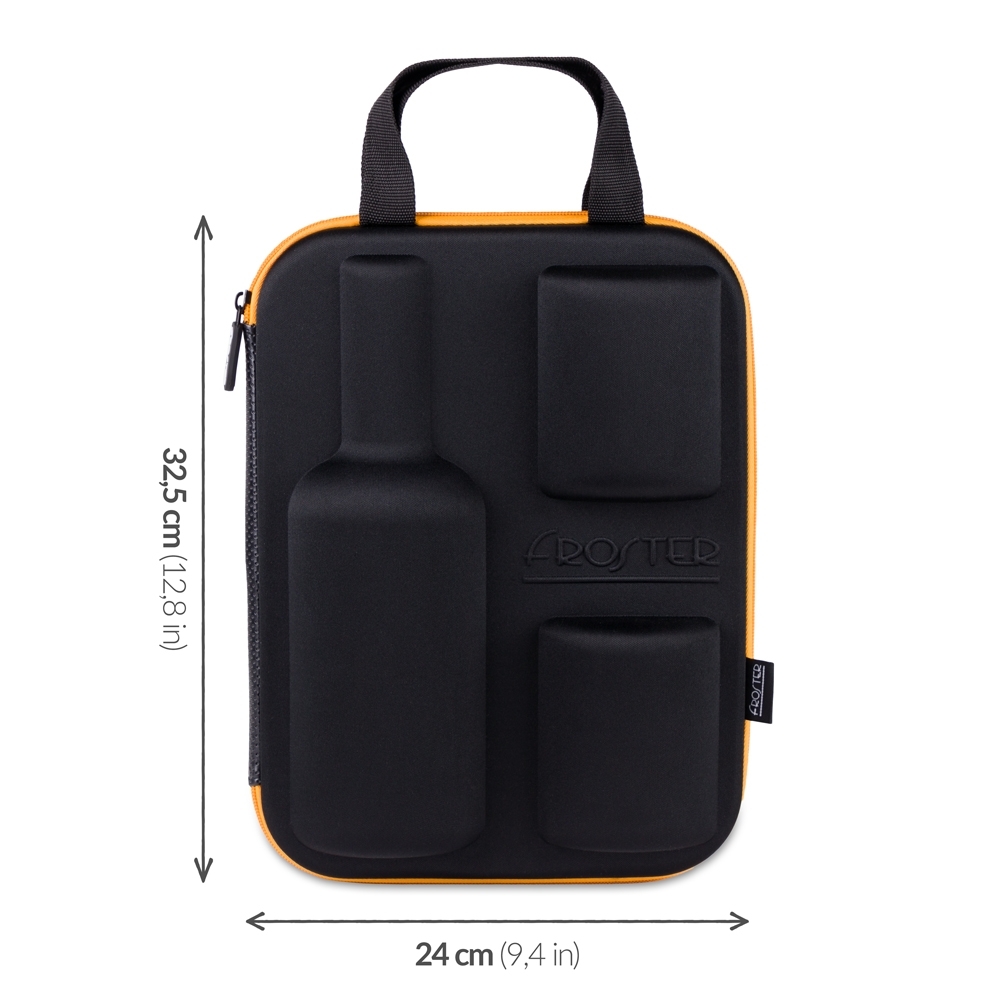 Etui na whisky ze szklankami Froster - zdjęcie pokazuje dokładne wymiary etui