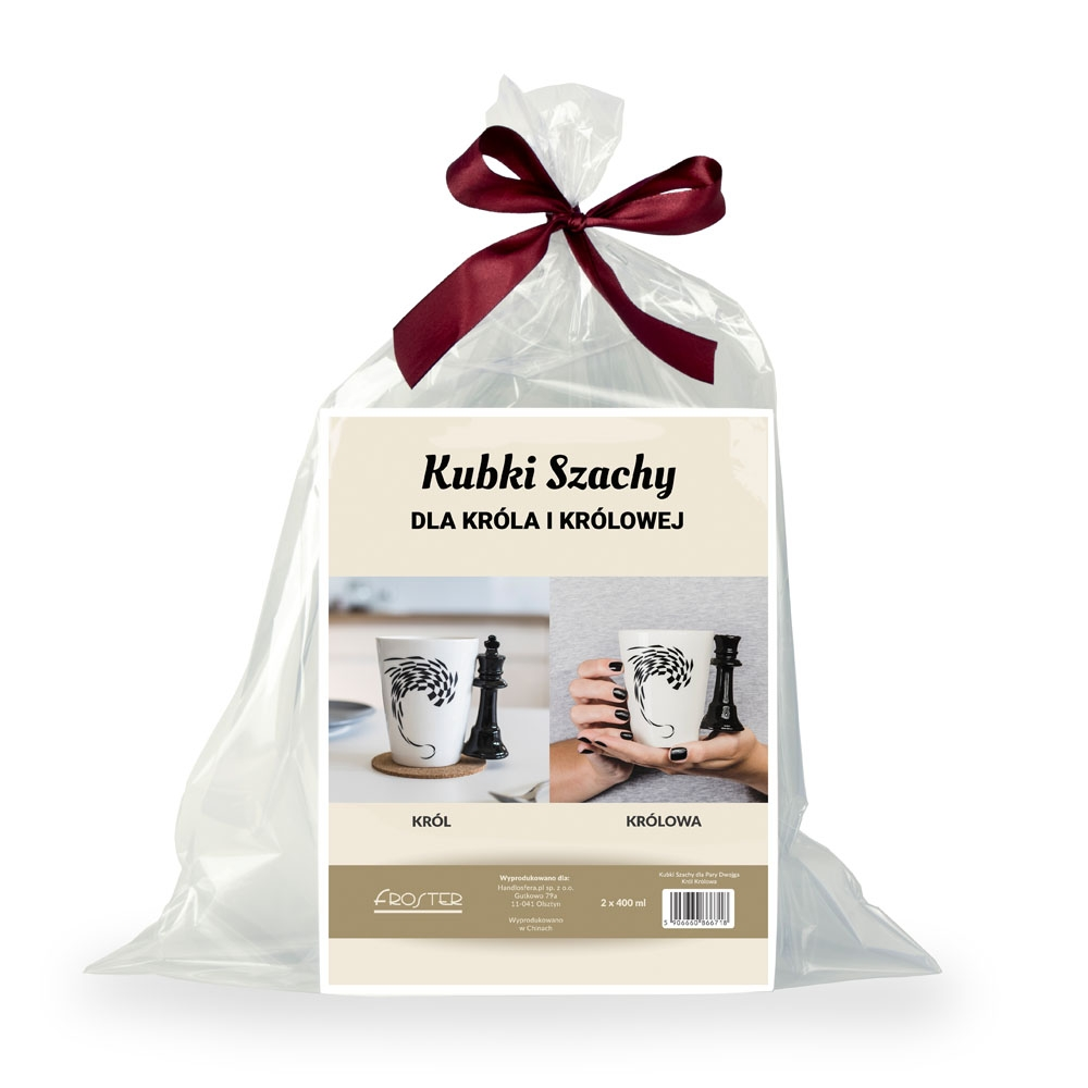 Kubki Szachy dla Pary w opakowaniu - woreczek celofanowy z czerwoną ozdobną tasiemką, gotowe do wręczenia na prezent